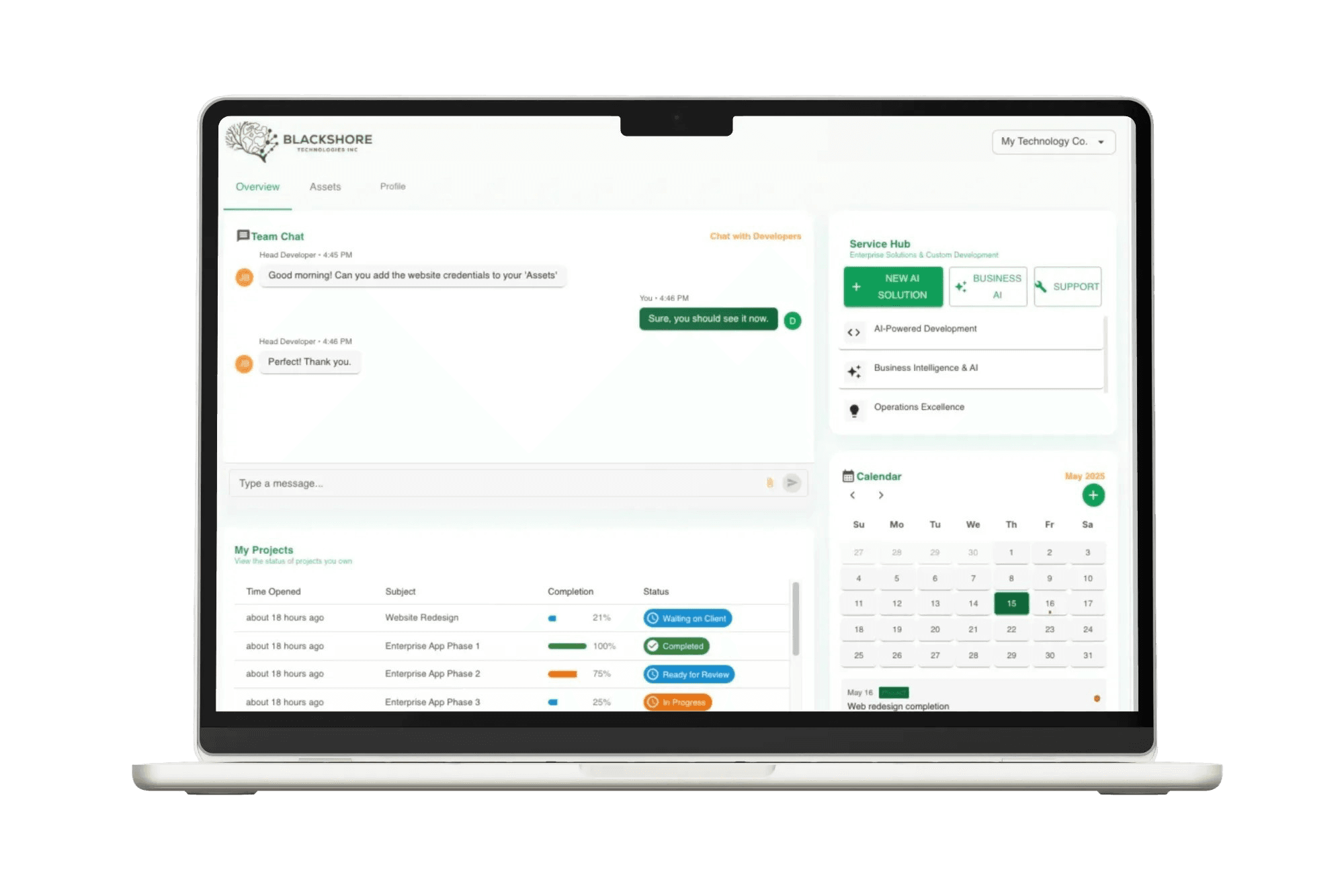 Custom software development platform interface showcasing Blackshore Technologies' development capabilities